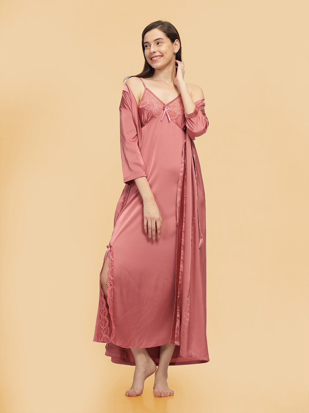 

9shines Label Shoulder Straps Satin Midi Nightdress With Robe, Pink