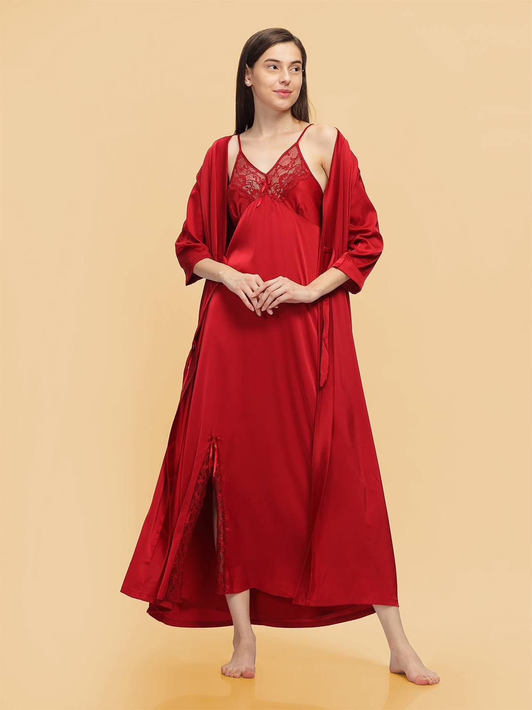 

9shines Label Shoulder Straps Maxi Nightdress with Robe, Red