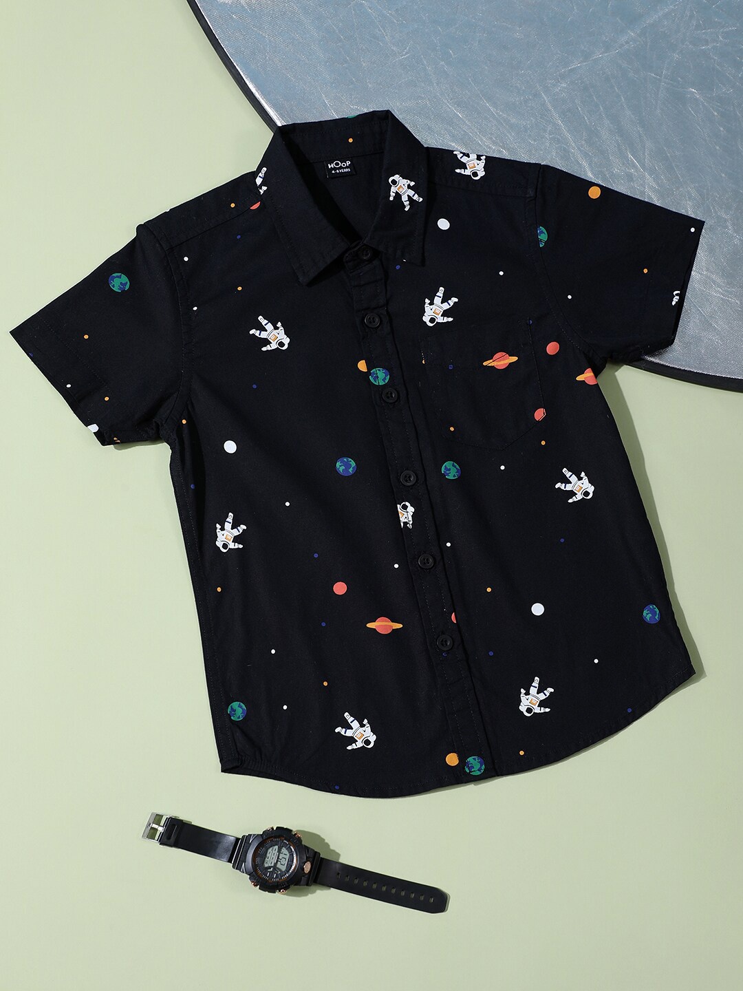 

Hoop Boys Slim Fit Conversational Printed Cotton Casual Shirt, Black