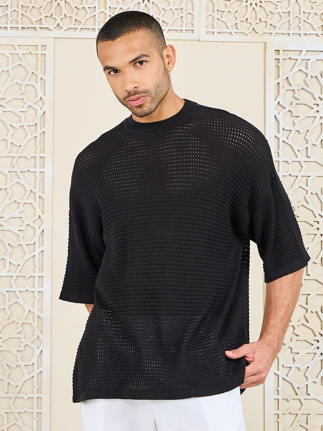 

Styli Premium Oversized Pointelle Pattern Knit T-Shirt, Black