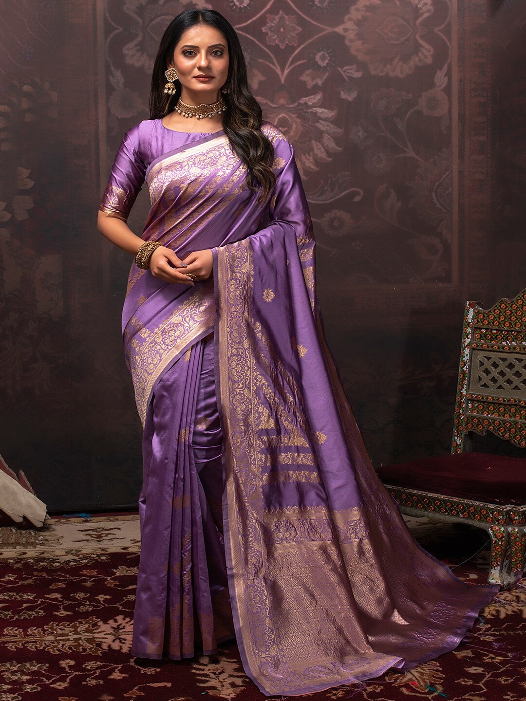 

Lilots Floral Woven Design Zari Kota Saree, Lavender