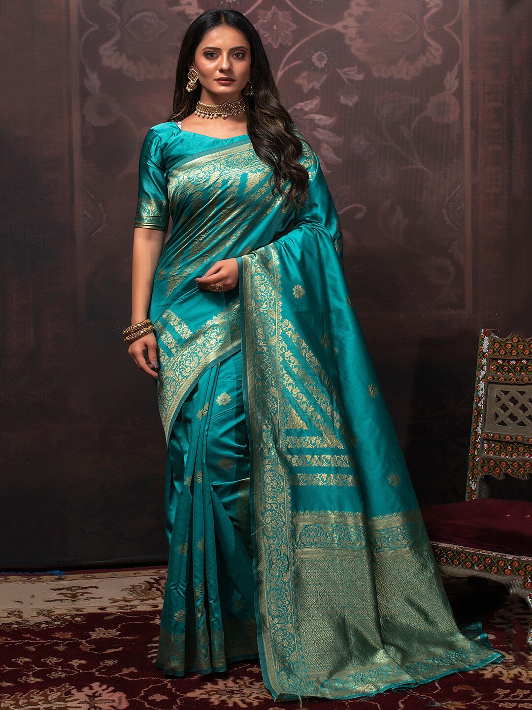 

Lilots Floral Woven Design Zari Kota Saree, Blue