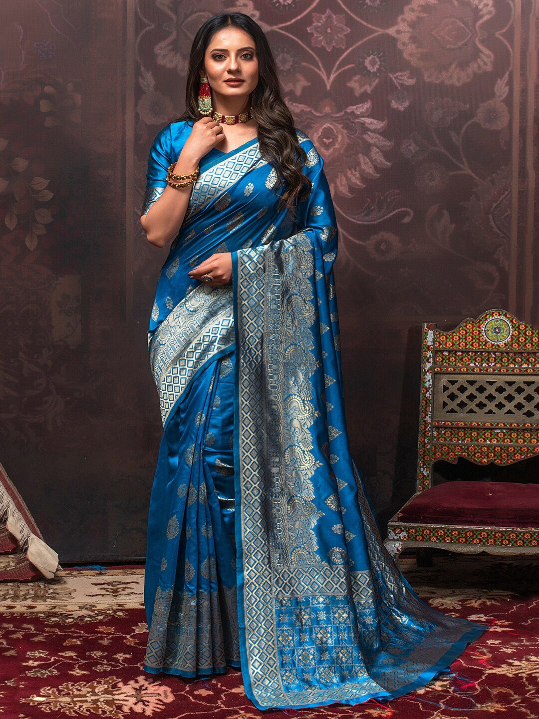 

Lilots Floral Woven Design Zari Kota Saree, Sea green