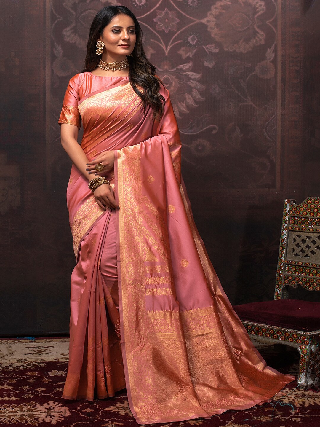 

Lilots Floral Woven Design Zari Kota Saree, Peach