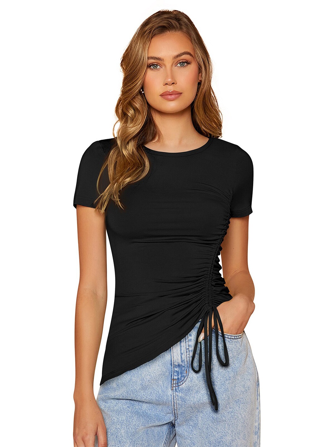 

ODETTE Round Neck Ruched Detail Fitted Top, Black