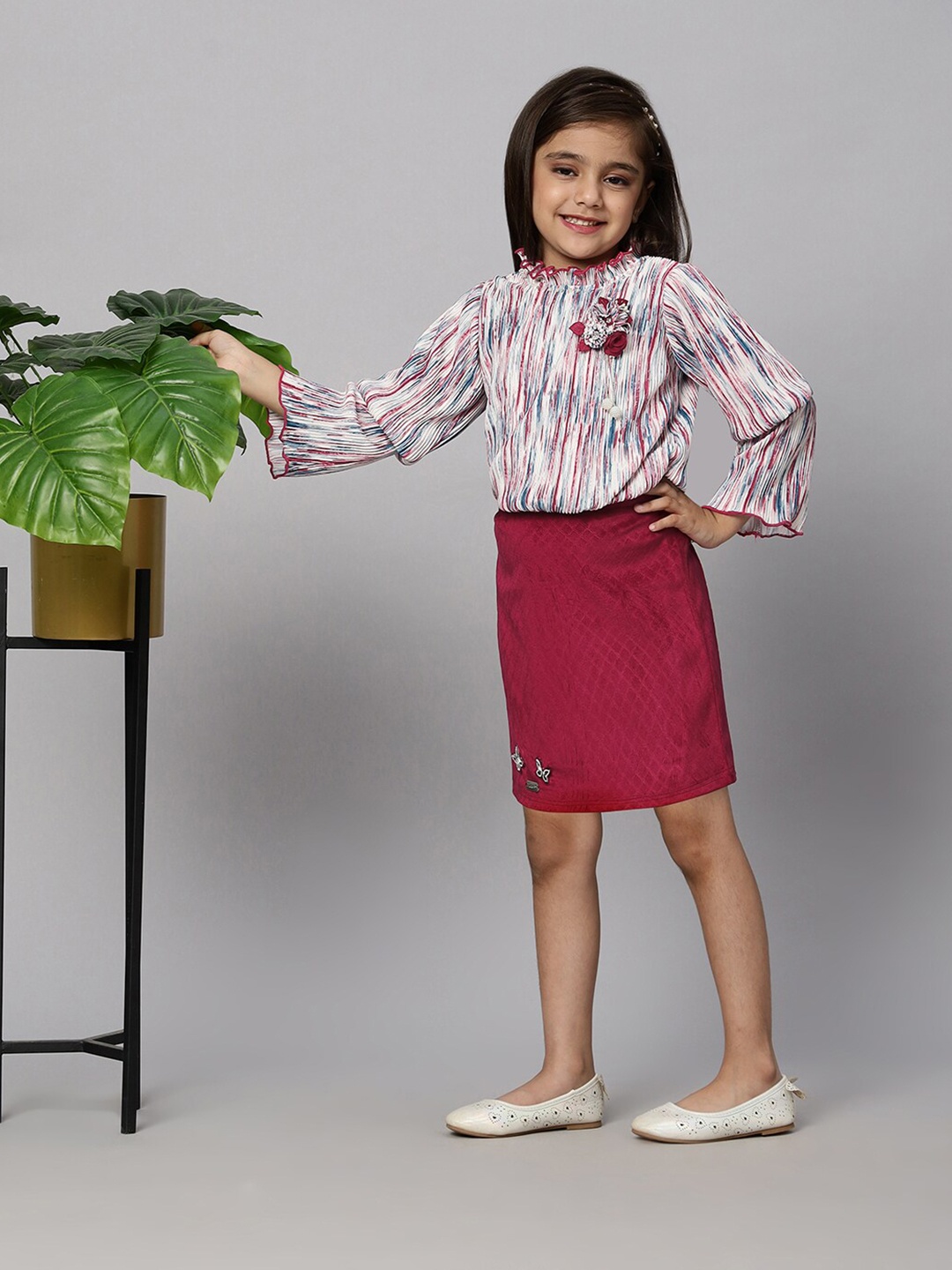 

Macwin Girls Striped Top with Skirt, Maroon