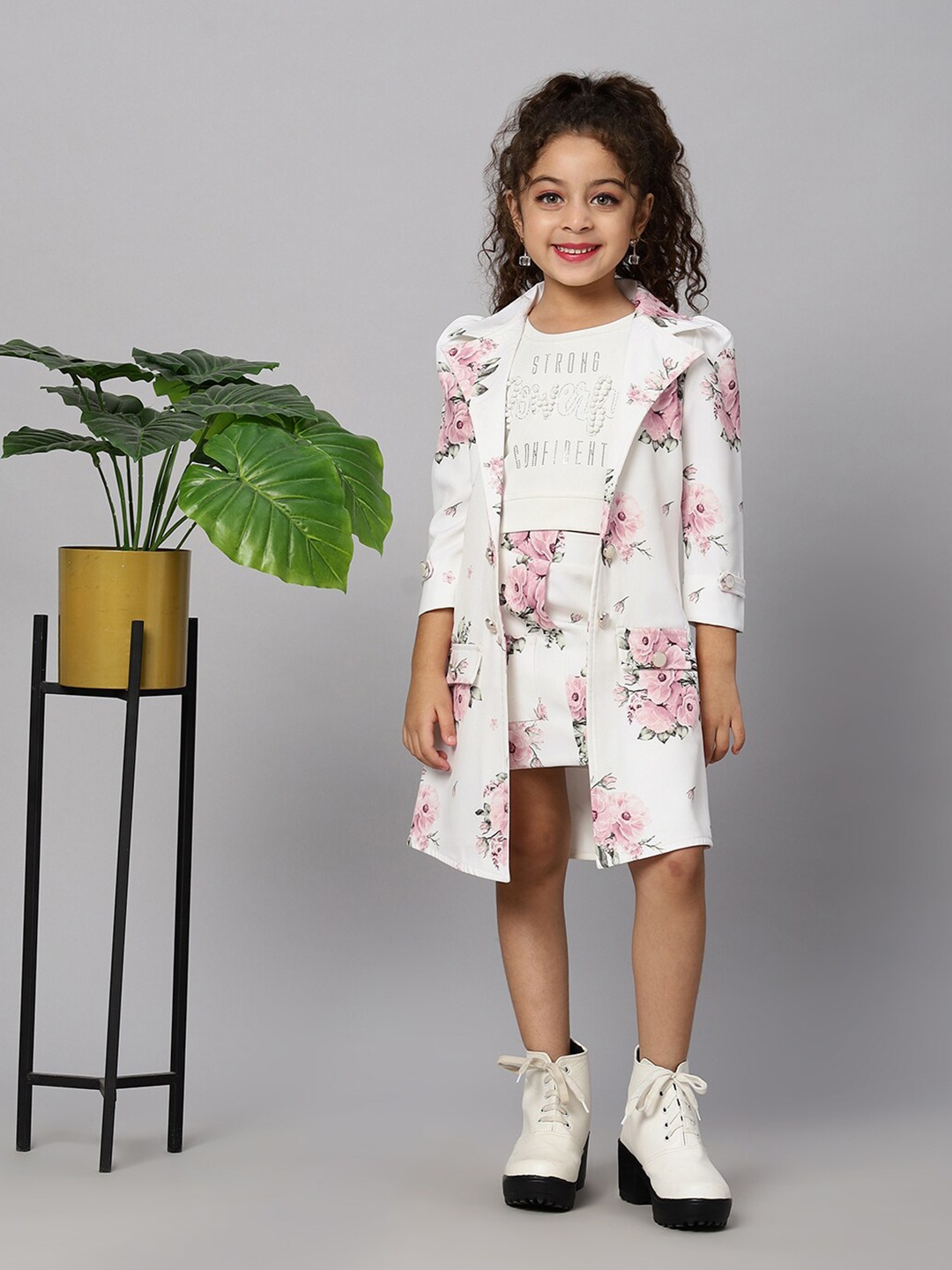 

Macwin Girls Floral Printed T-shirt & Skirt With Jacket, Off white
