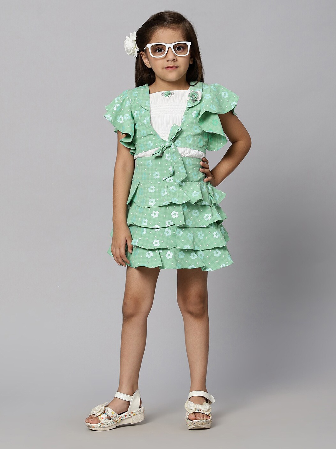 

Macwin Girls Floral Printed T-shirt with Skirt & Jacket, Green