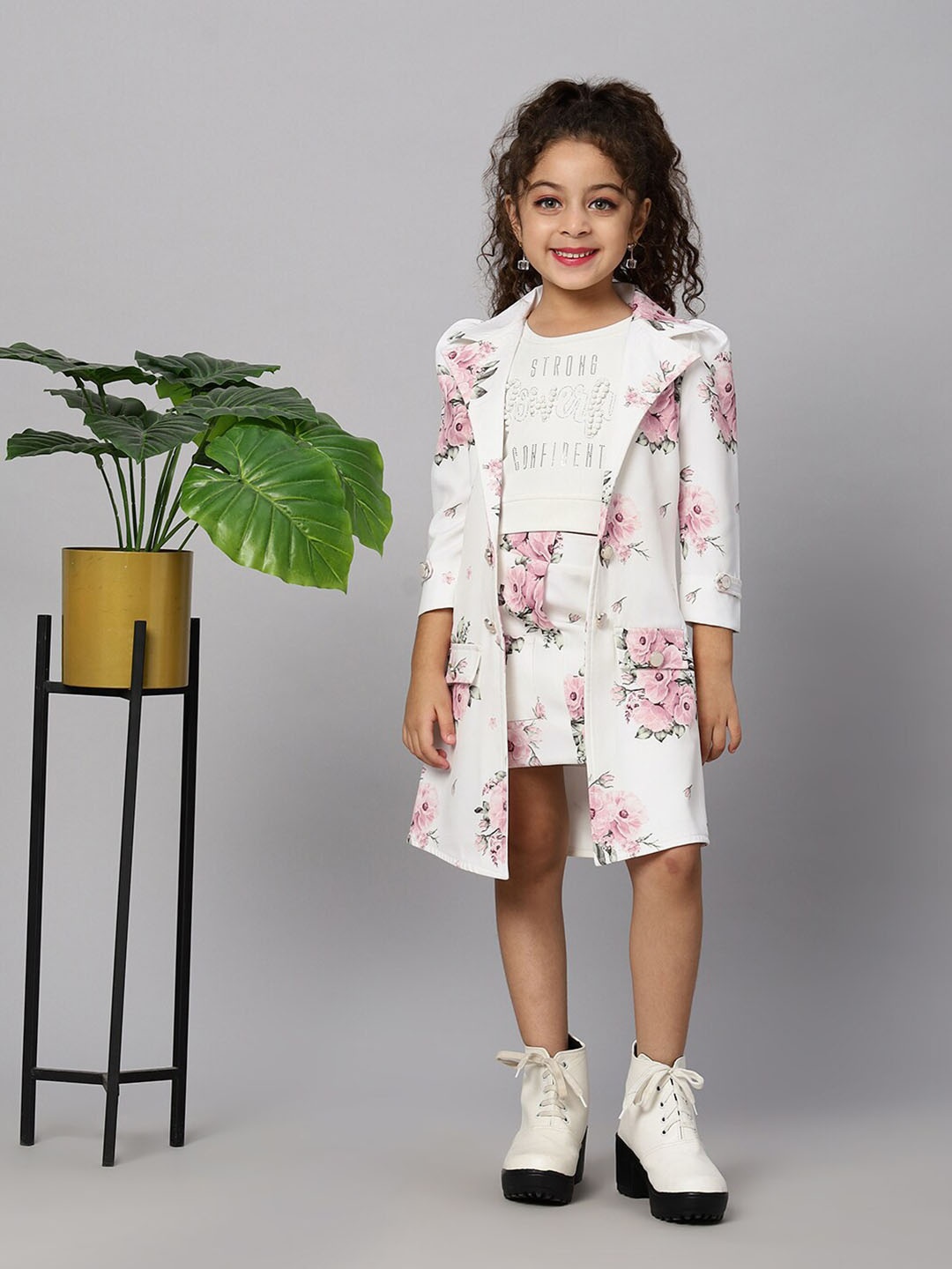 

Macwin Girls Floral Printed T-shirt & Skirt With Jacket, Off white