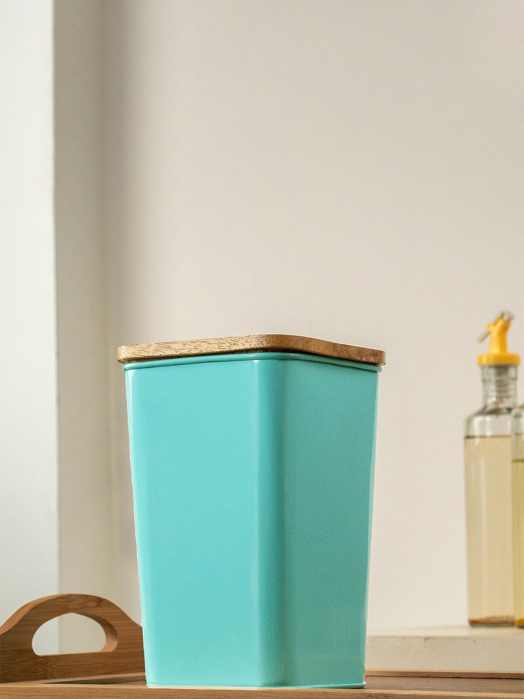 

10club Turquoise Blue & Brown Metal & Wooden Lid Metal Square Jar Food Container
