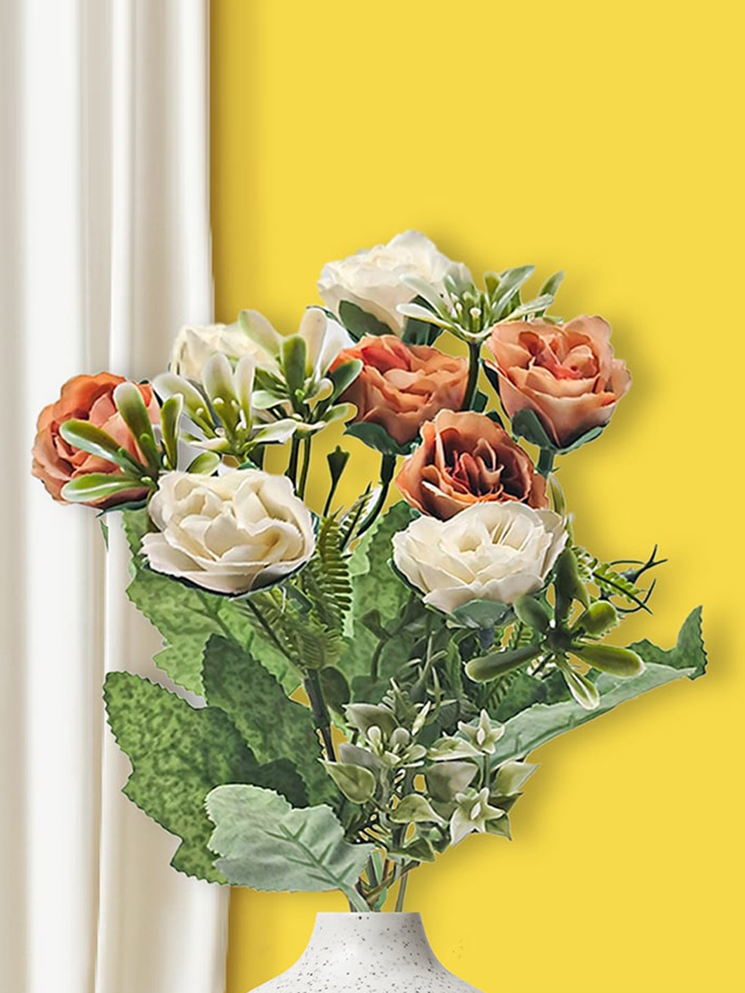 

10club White & Peach Artificial Rose and Fern Flower