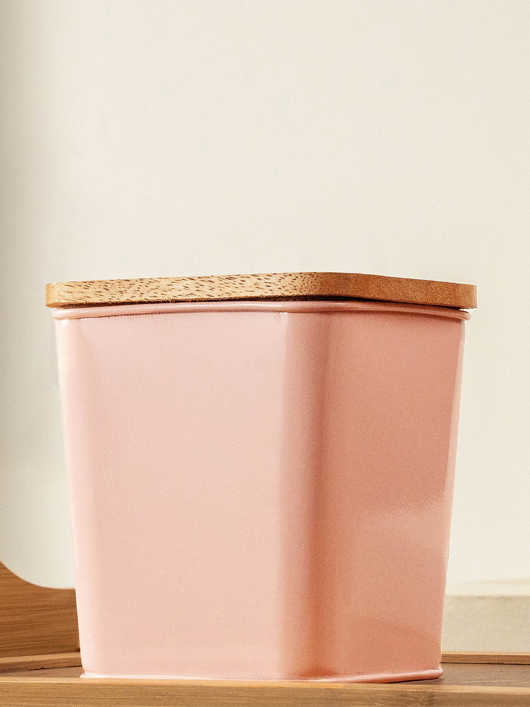 

10club Peach Wooden Lid & Metal Square Food Container Jar