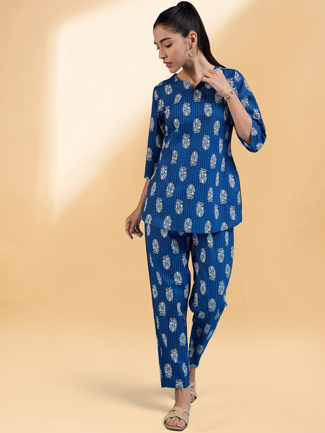 all about you Navy Blue Ethnic Motifs Printed Tunic With Trouser