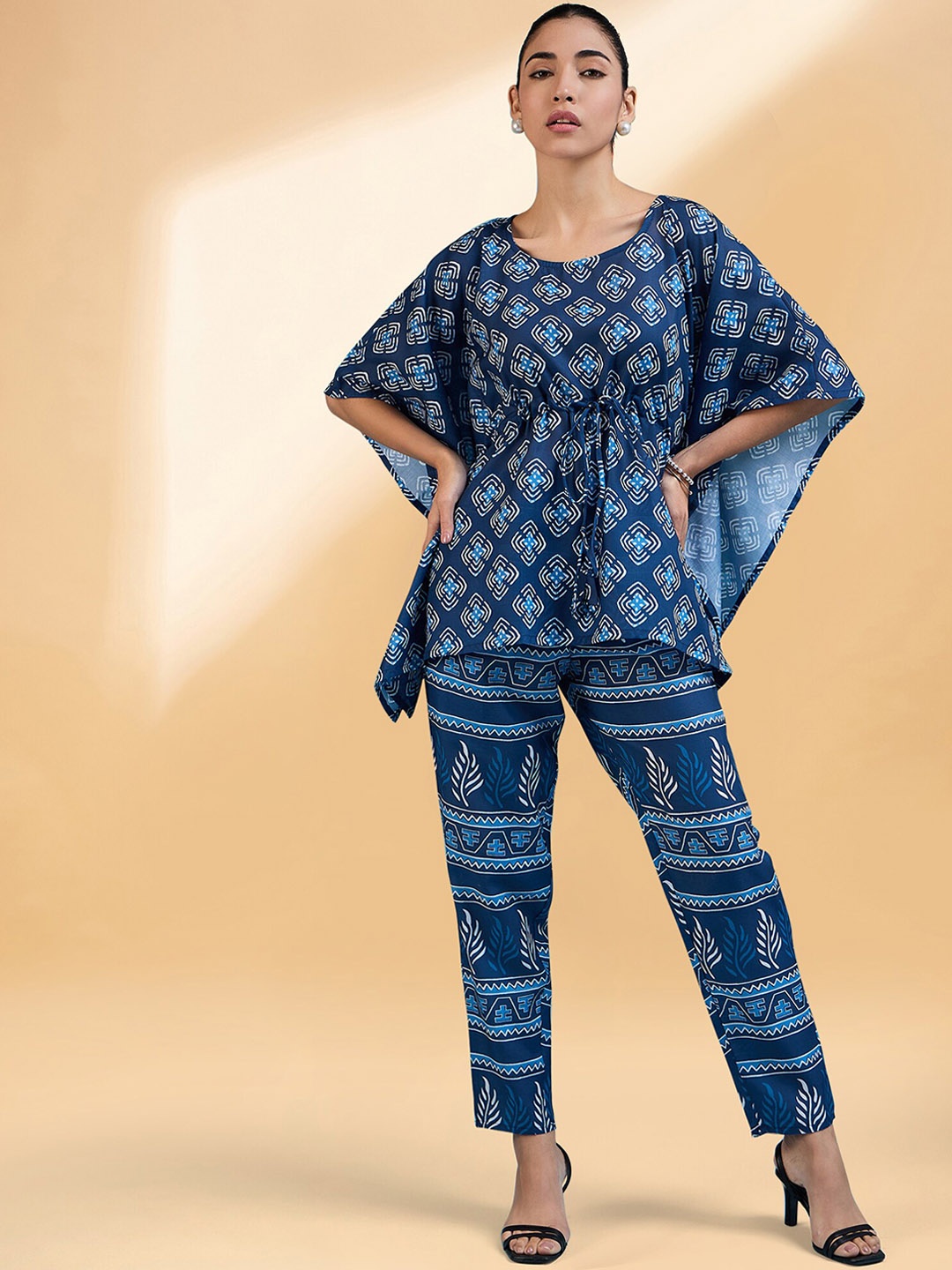 

all about you Printed Round Neck Kaftan Top & Flared Trouser, Blue