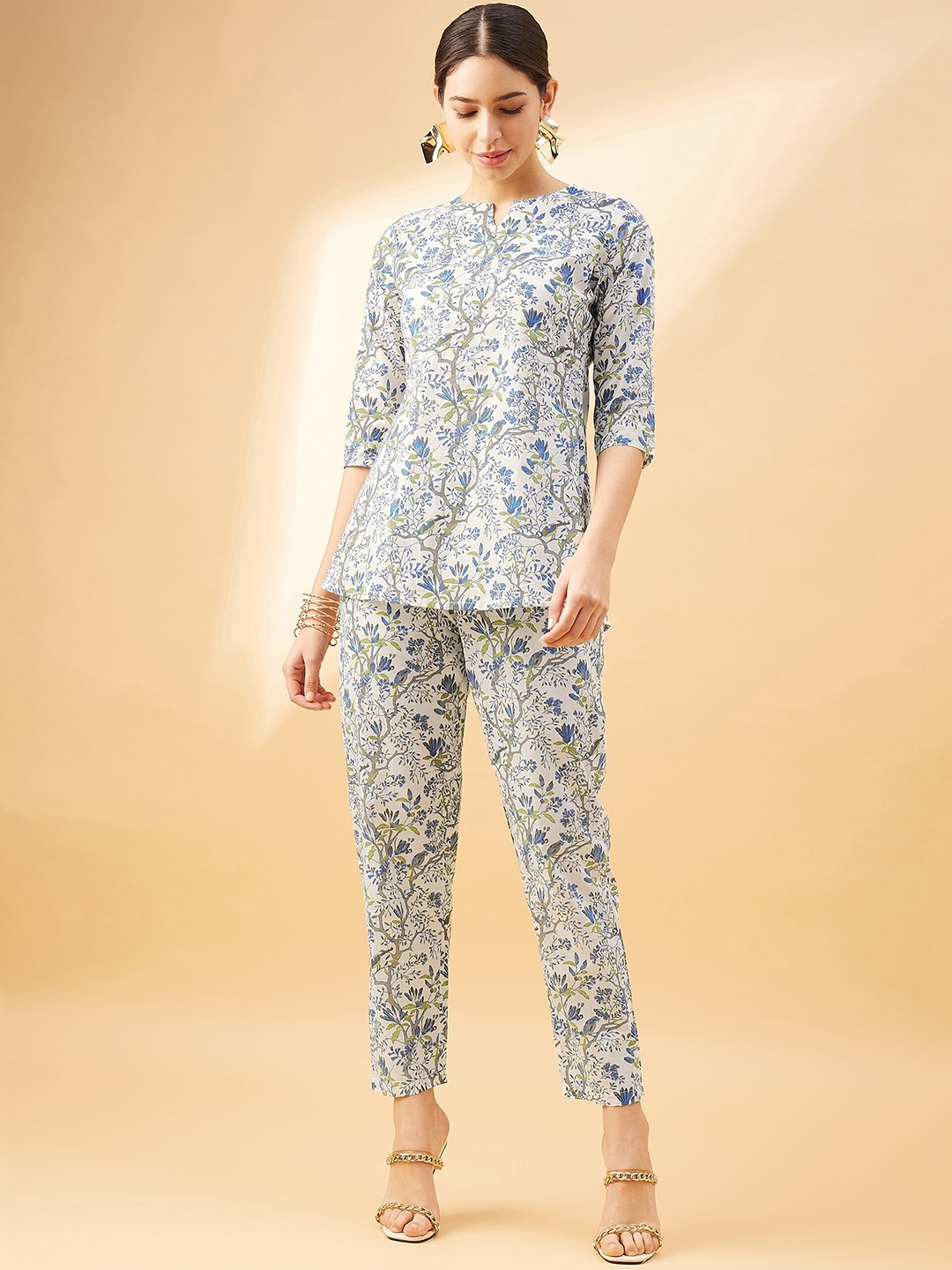 

all about you Floral Printed Round Neck Top With Trousers, White