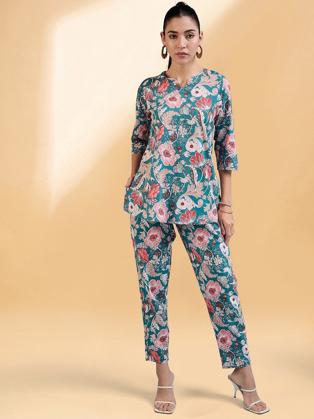 

all about you Teal Blue Floral Printed Tunic With Trouser