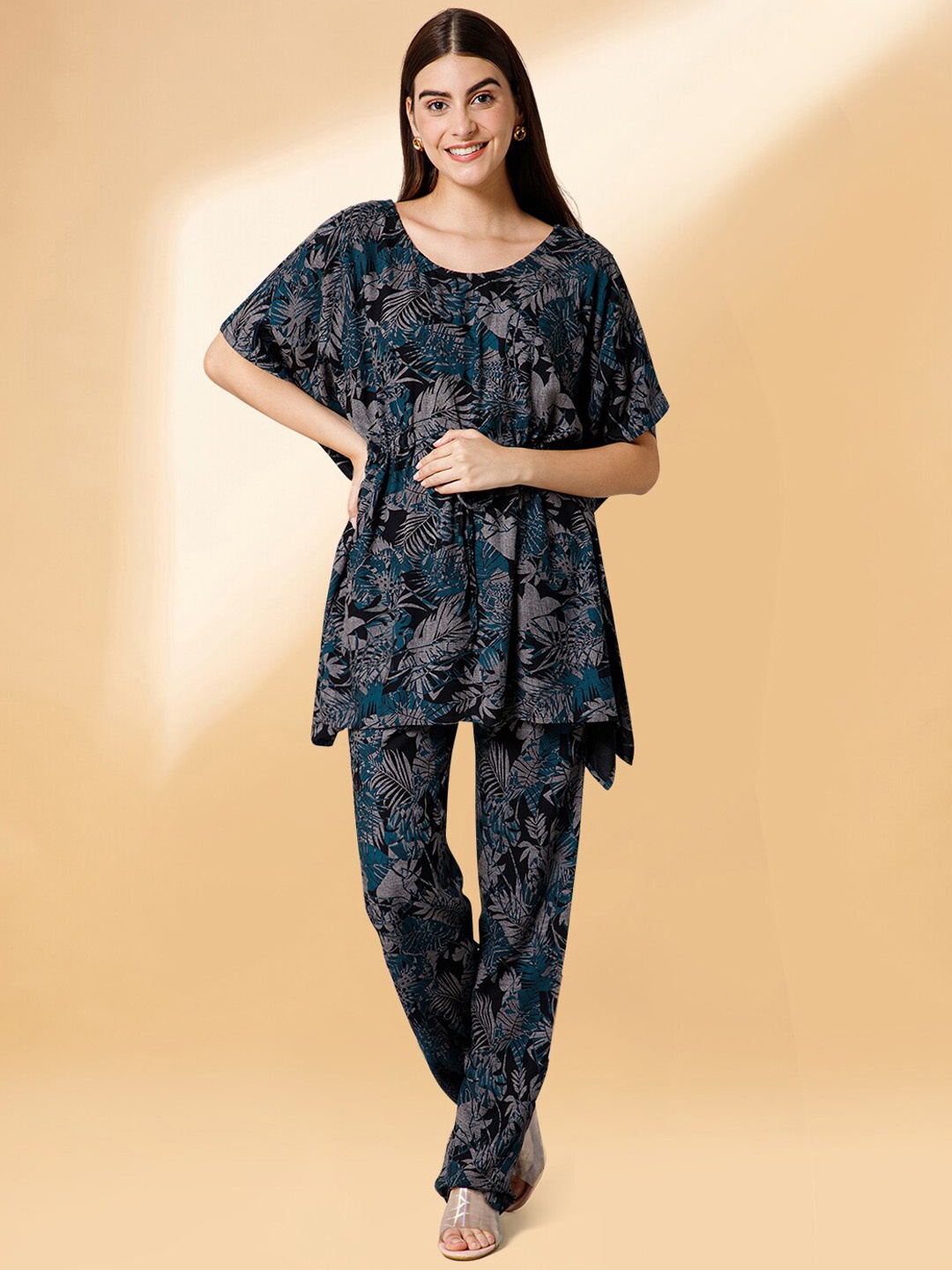 all about you Floral Printed Kaftan Top With Trousers, Navy blue