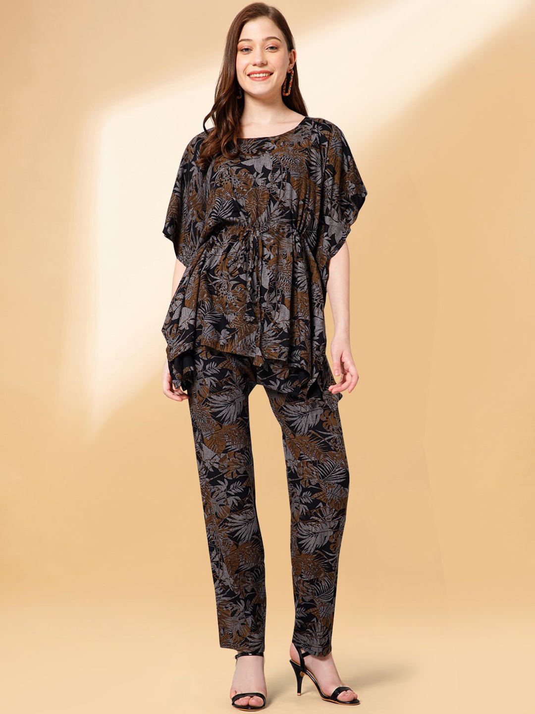 

all about you Floral Printed Kaftan Top With Trouser, Brown