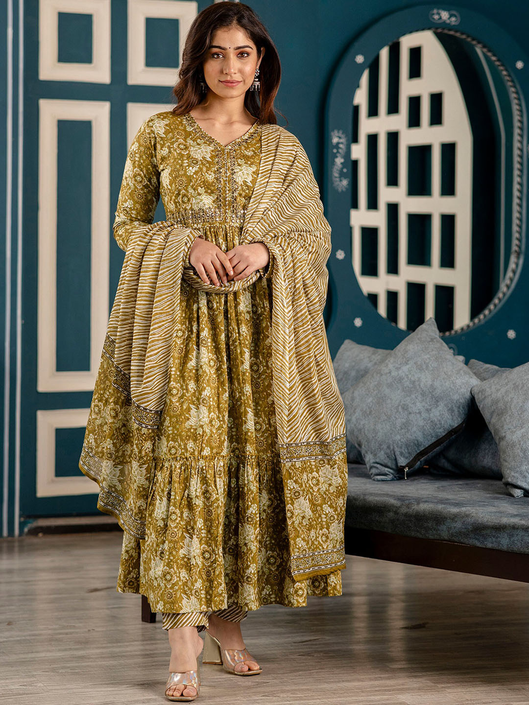 

Charu Ethnic Motifs Printed Mirror Work Pure Cotton Anarkali Kurta with Trouser & Dupatta, Green
