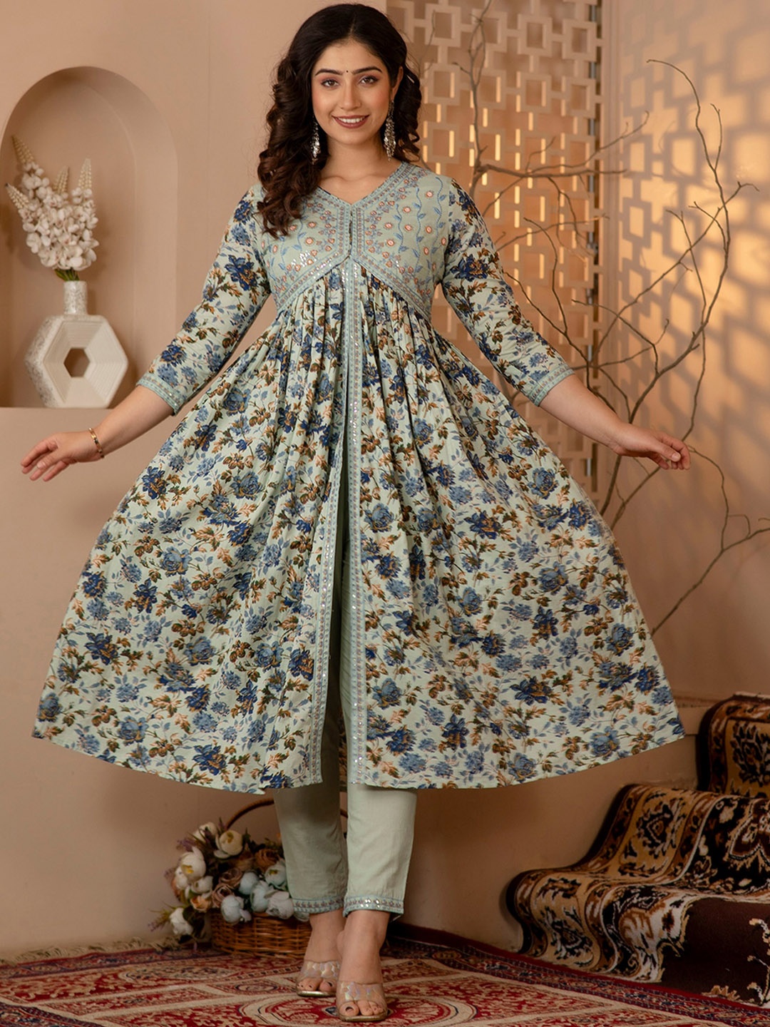 

Charu Ethnic Motifs Printed Mirror Work Pure Cotton V-Neck Kurta with Trouser & Dupatta, Green