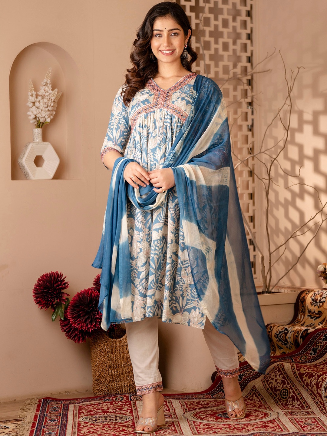 

Charu Floral Printed Empire Thread Work Pure Cotton Anarkali Kurta with Trouser & Dupatta, Blue