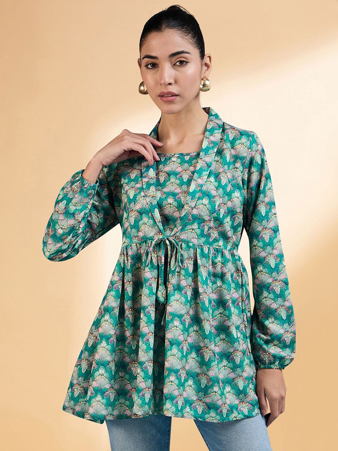 

all about you Teal Green Floral Printed V-Neck Long Sleeves Gathered A-Line Top