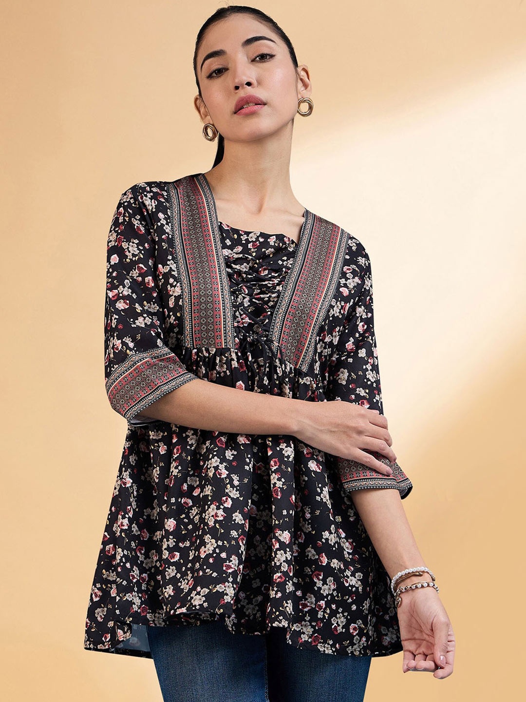 

all about you Black Floral Printed Square Neck Pleated A-Line Short Kurti