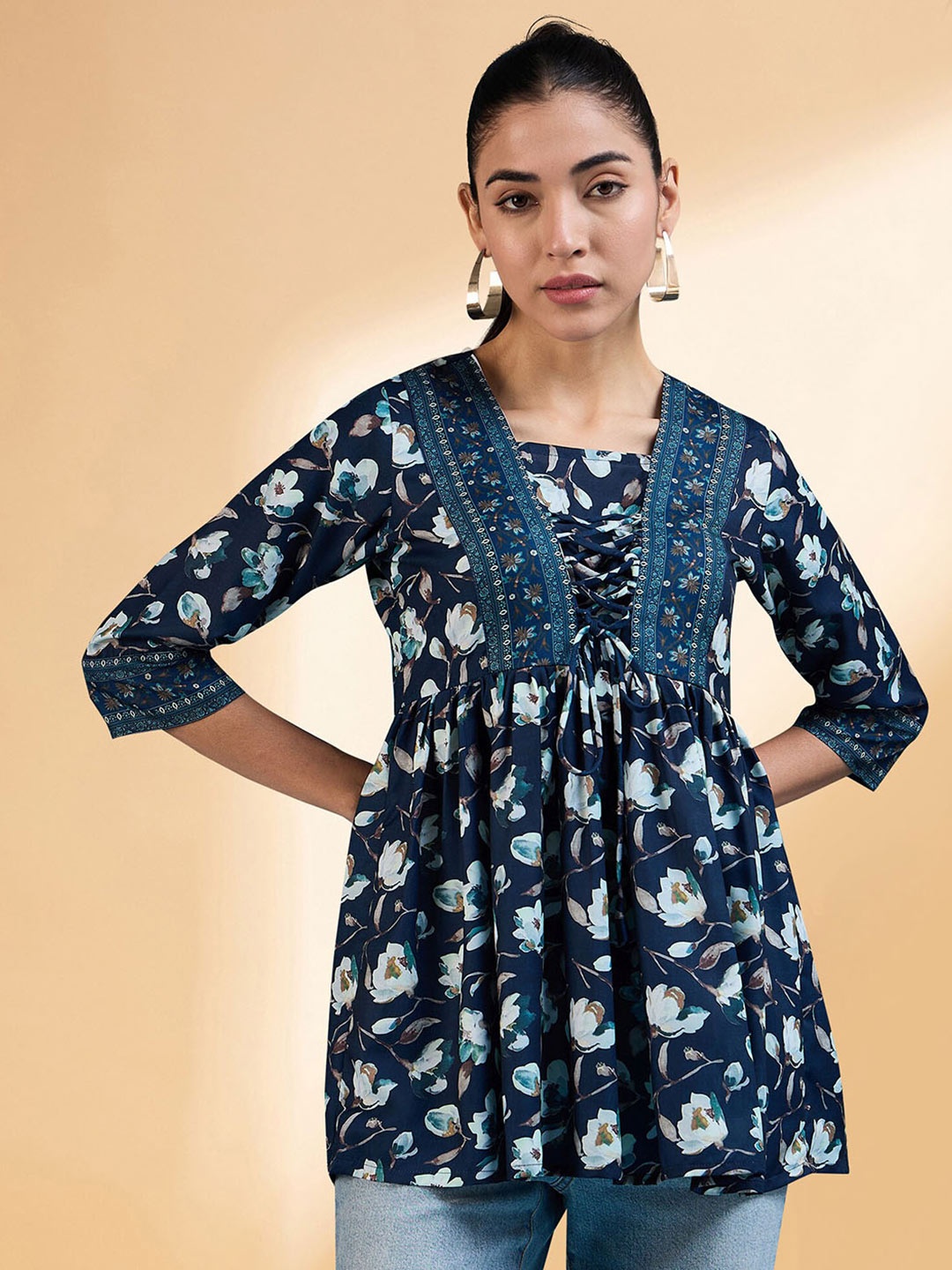 

all about you Navy Blue Floral Printed Square Neck Pleated A-Line Kurti