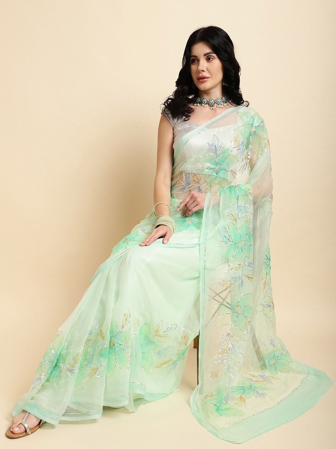 

La Vastraa Floral Printed Gotta Patti Pure Chiffon Saree, Green