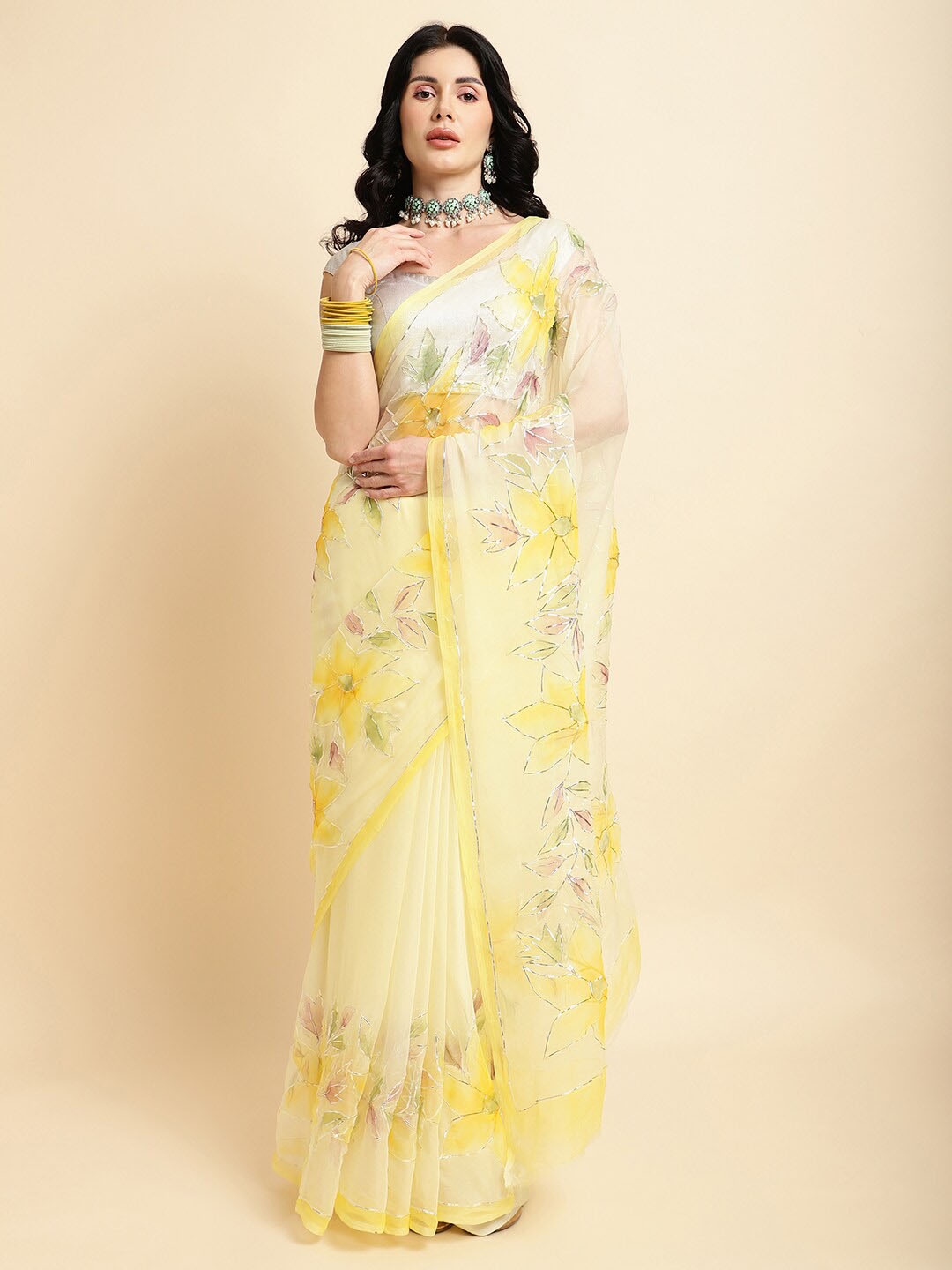 

La Vastraa Floral Embroidered Pure Chiffon Saree, Yellow