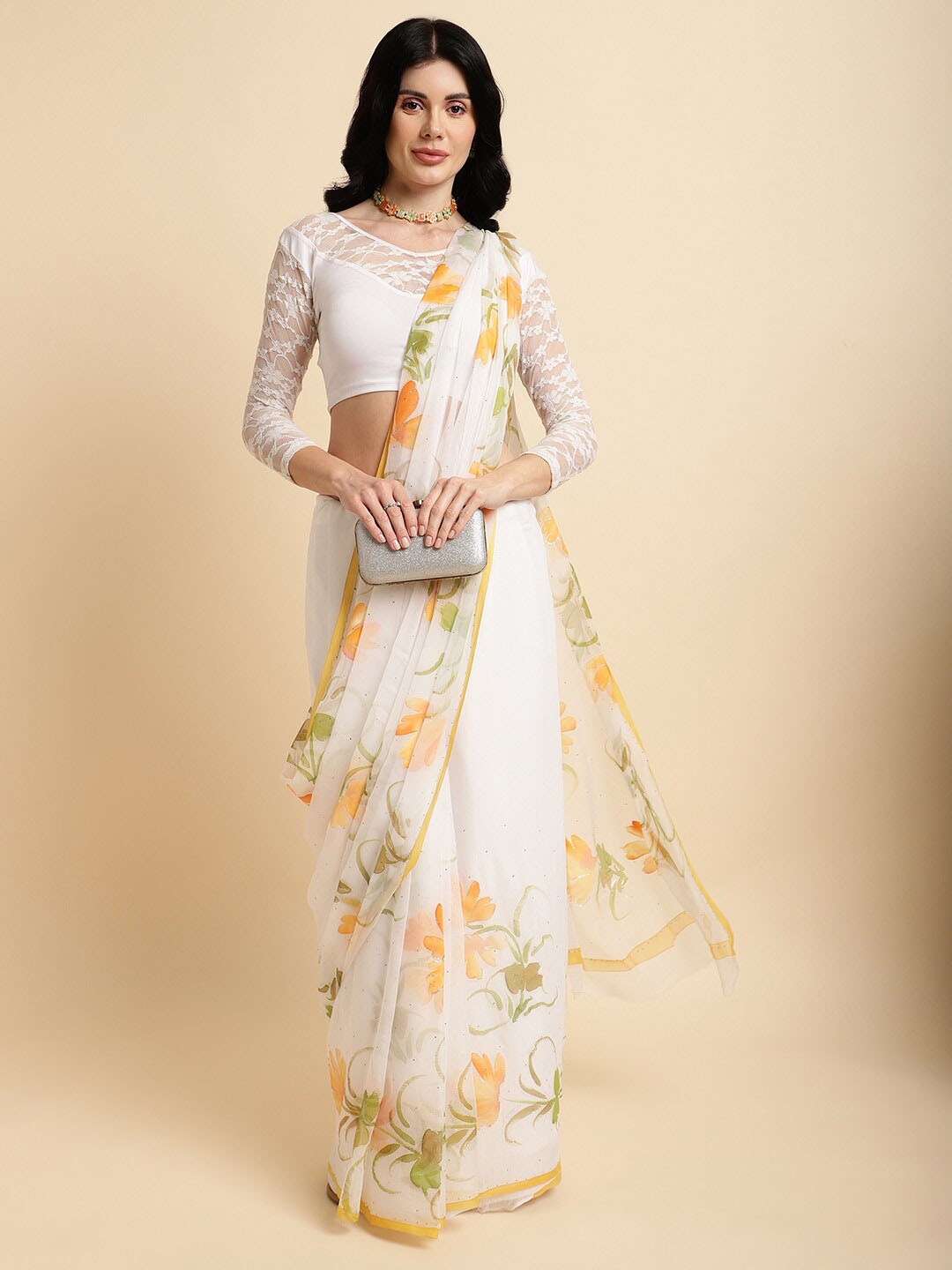 

La Vastraa Floral Printed Beads and Stones Pure Chiffon Saree, White