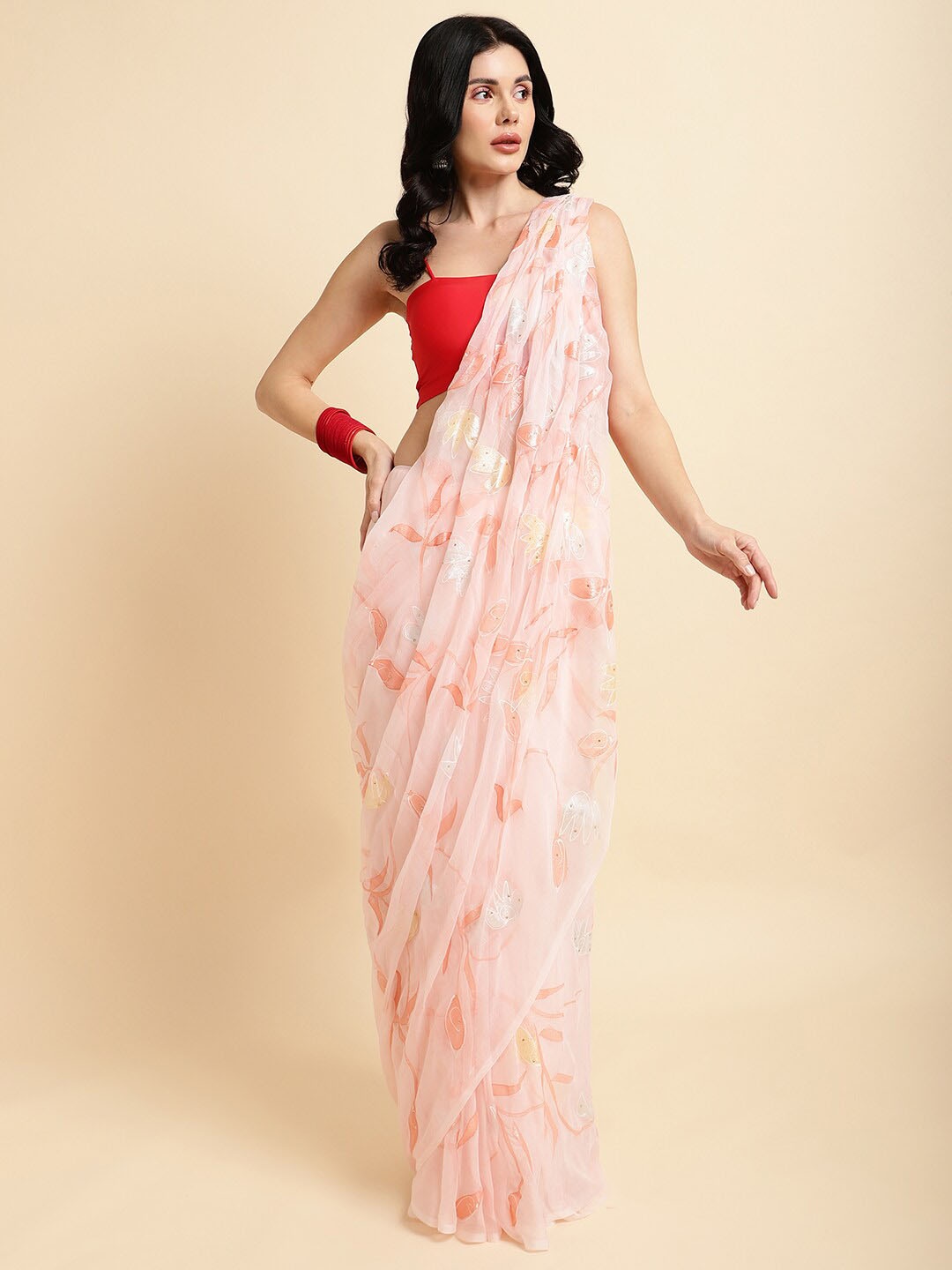 

La Vastraa Floral Beads and Stones Pure Chiffon Saree, Pink