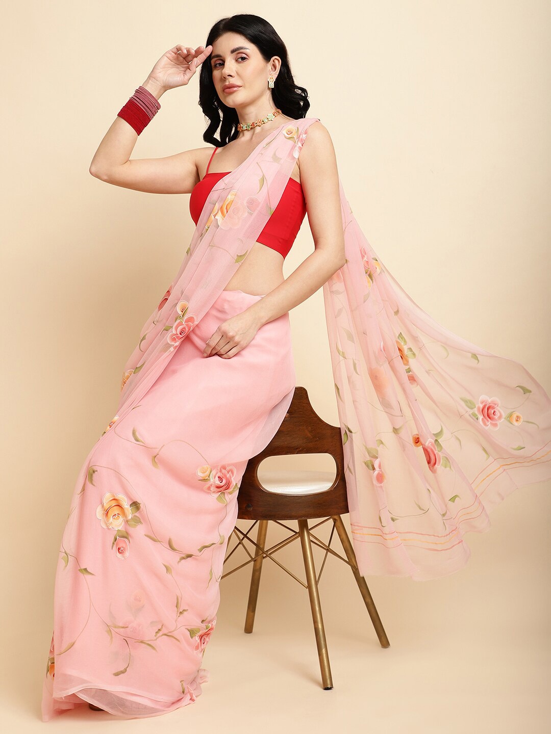 

La Vastraa Floral Printed Pure Chiffon Saree, Pink