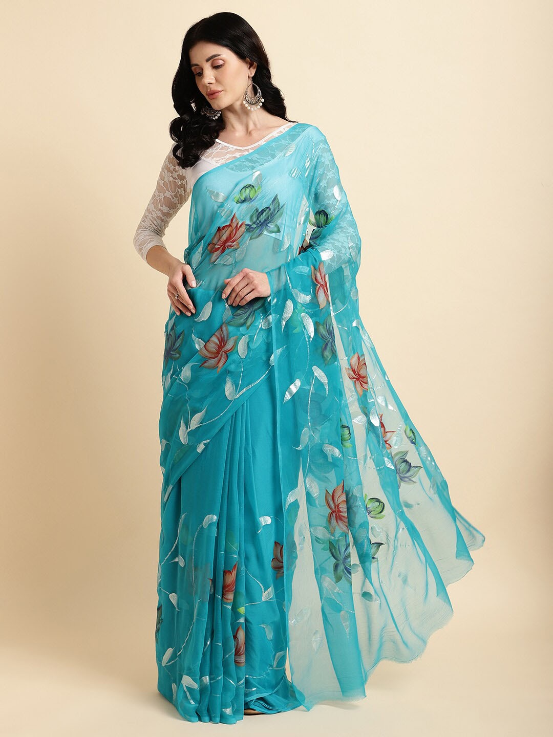 

La Vastraa Floral Printed Pure Chiffon Saree, Blue