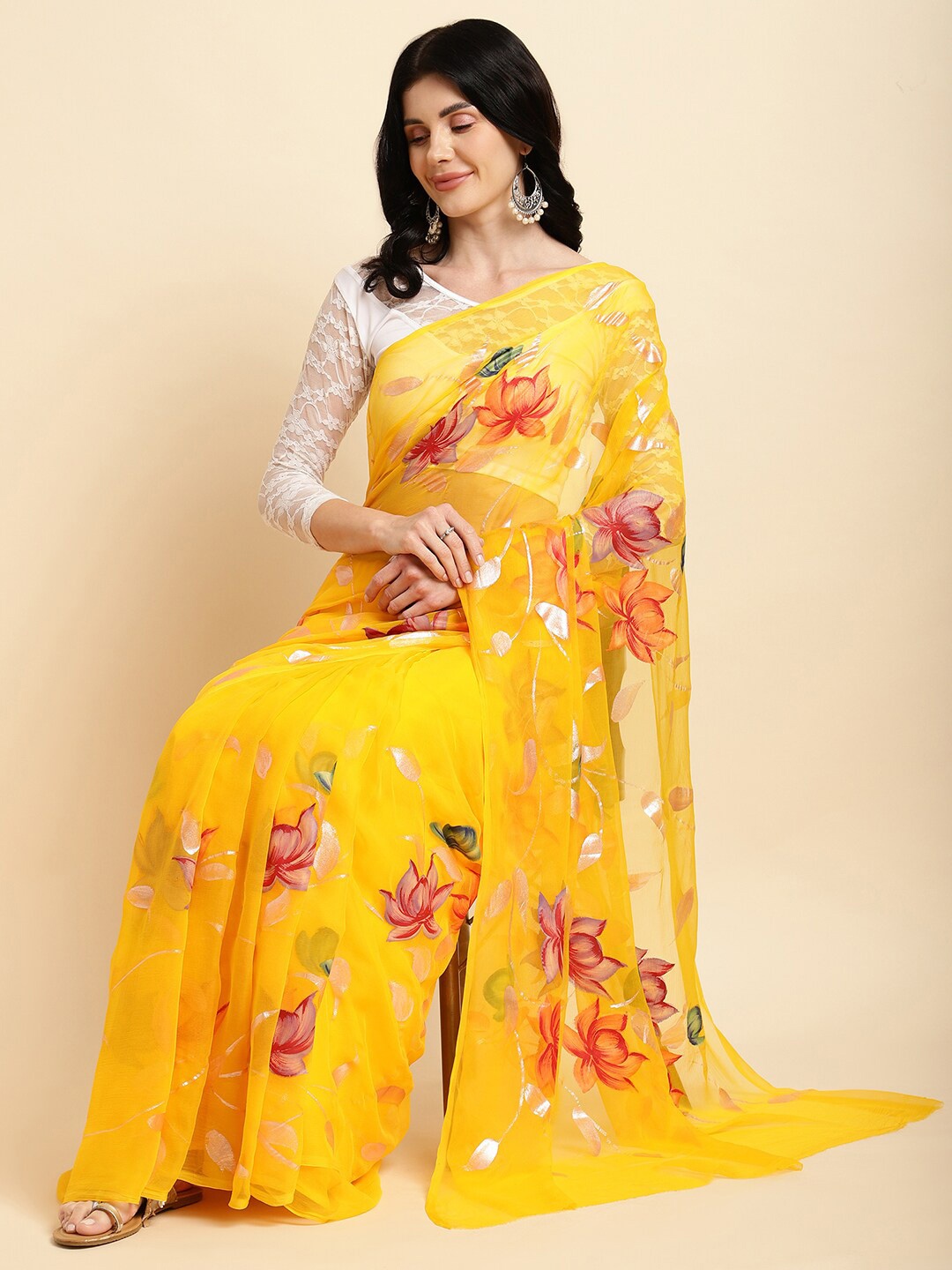 

La Vastraa Floral Printed Pure Chiffon Saree, Yellow