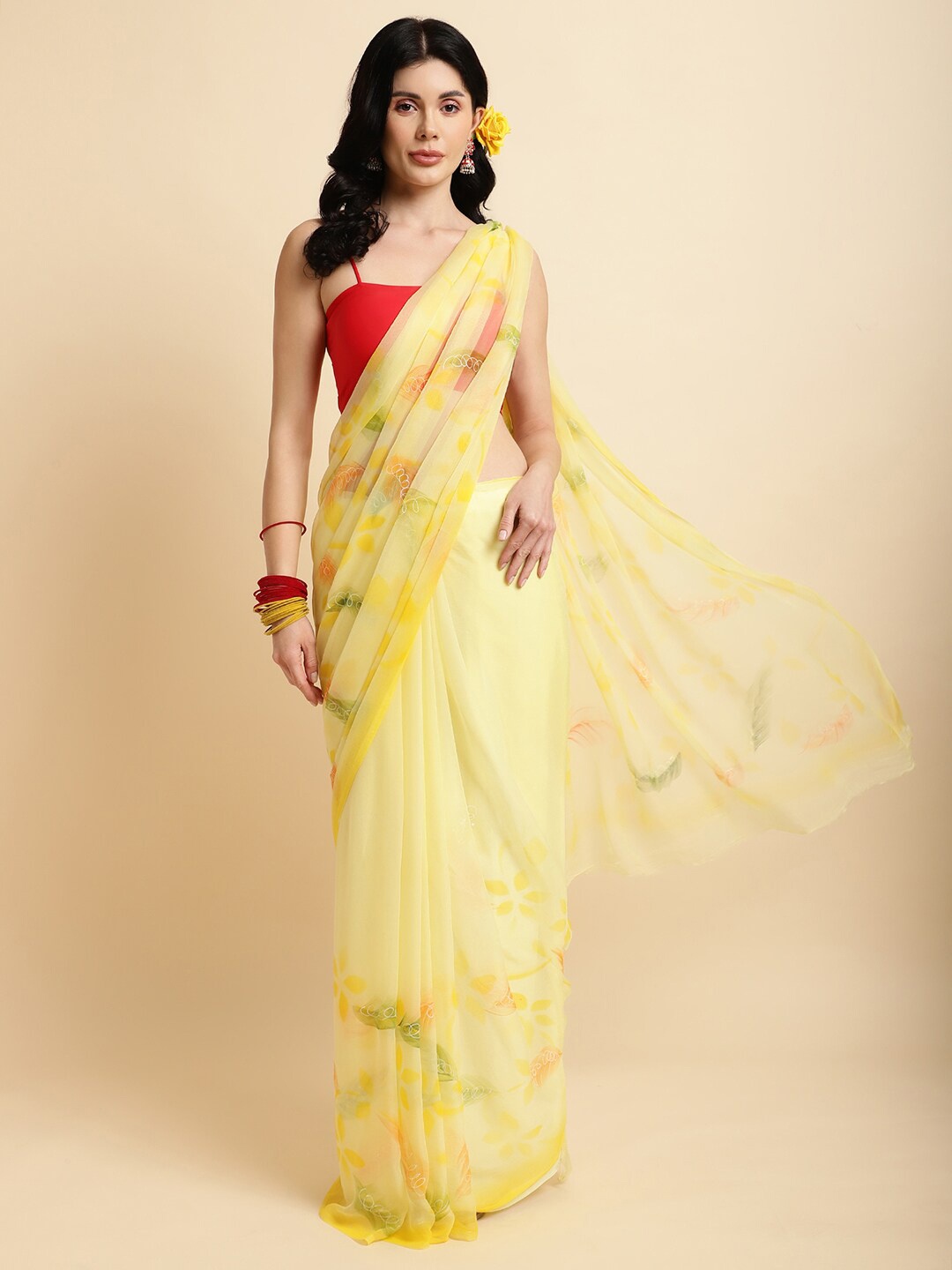 

La Vastraa Floral Printed Pure Chiffon Saree, Yellow