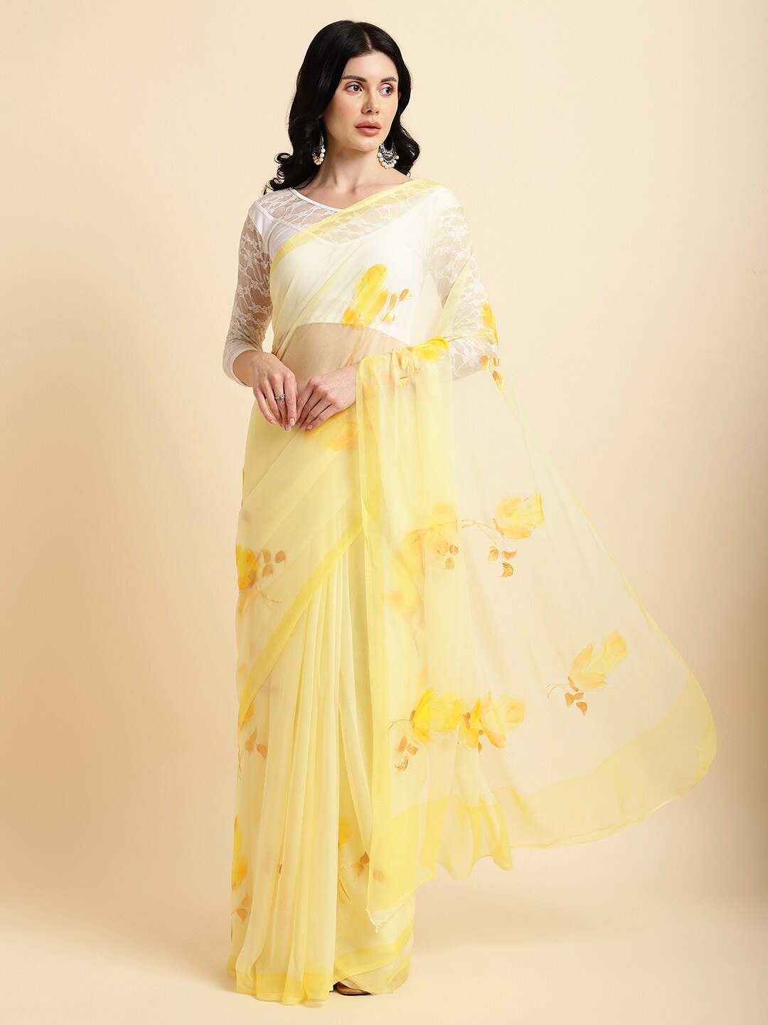 

La Vastraa Floral Printed Pure Chiffon Saree, Yellow
