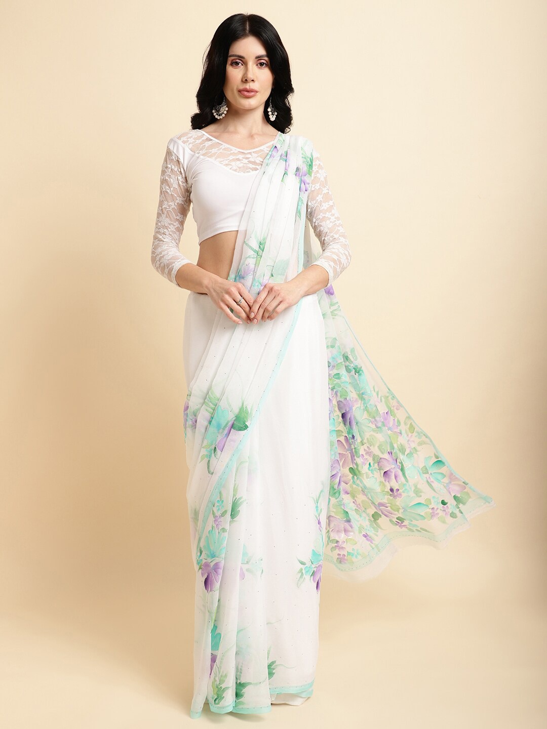

La Vastraa Floral Printed Pure Chiffon Saree, White