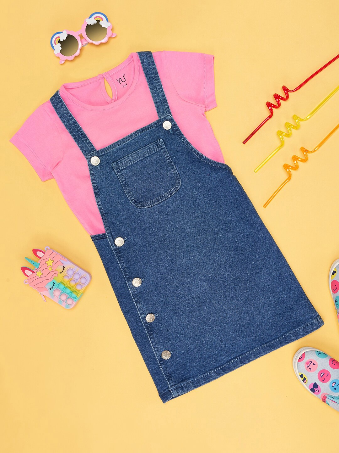 

YU by Pantaloons Girls Shoulder Straps Pure Cotton Pinafore With T-shirt, Blue