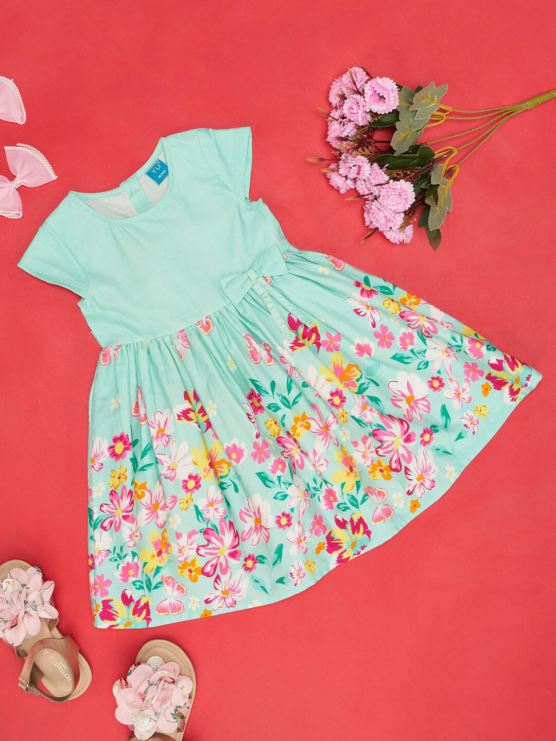 

YU by Pantaloons Girls Floral Printed Cap Sleeves Fit and Flare Dress, Teal