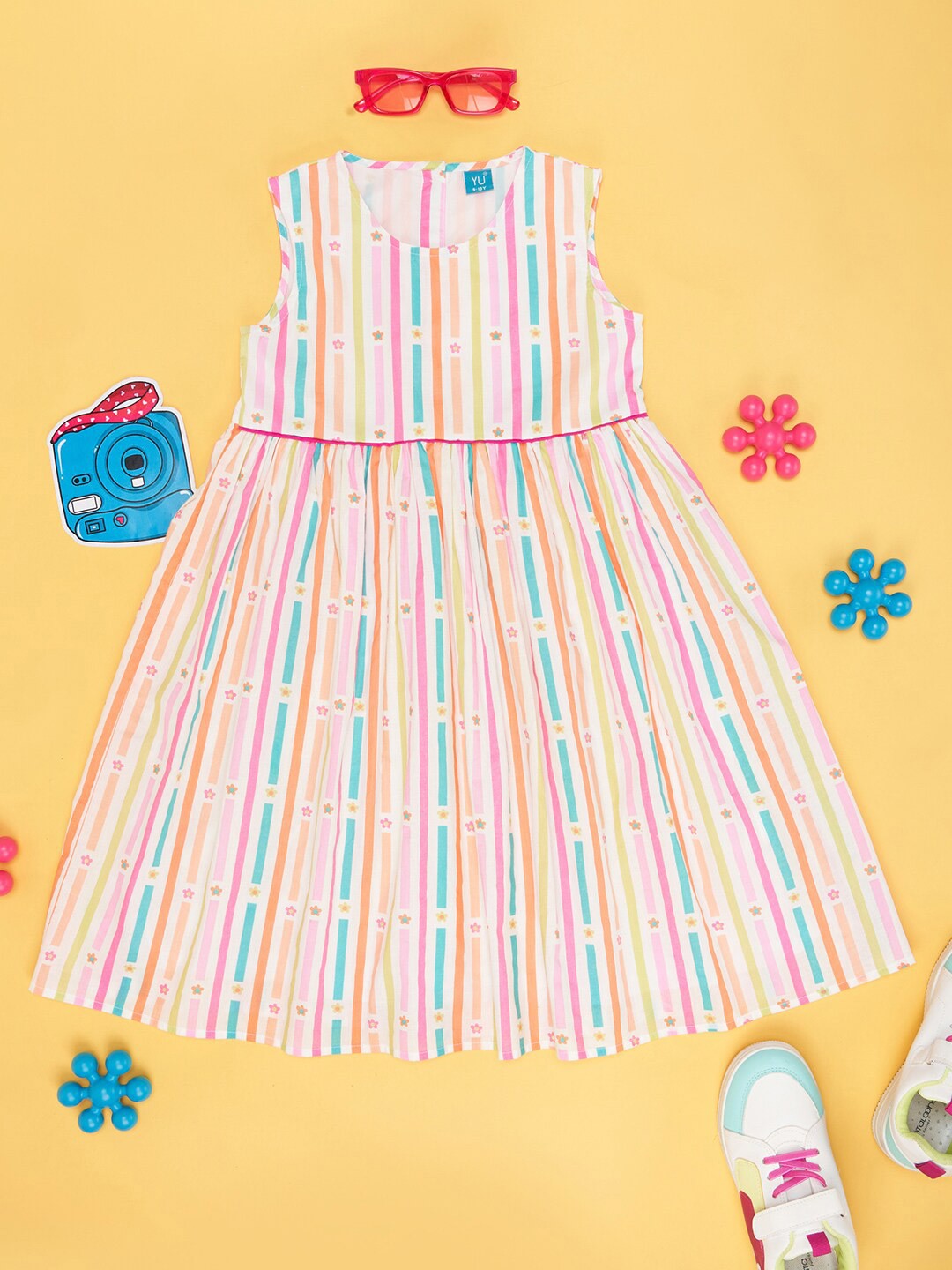 

YU by Pantaloons Girls Striped Printed Round Neck Cotton A-Line Dress, White
