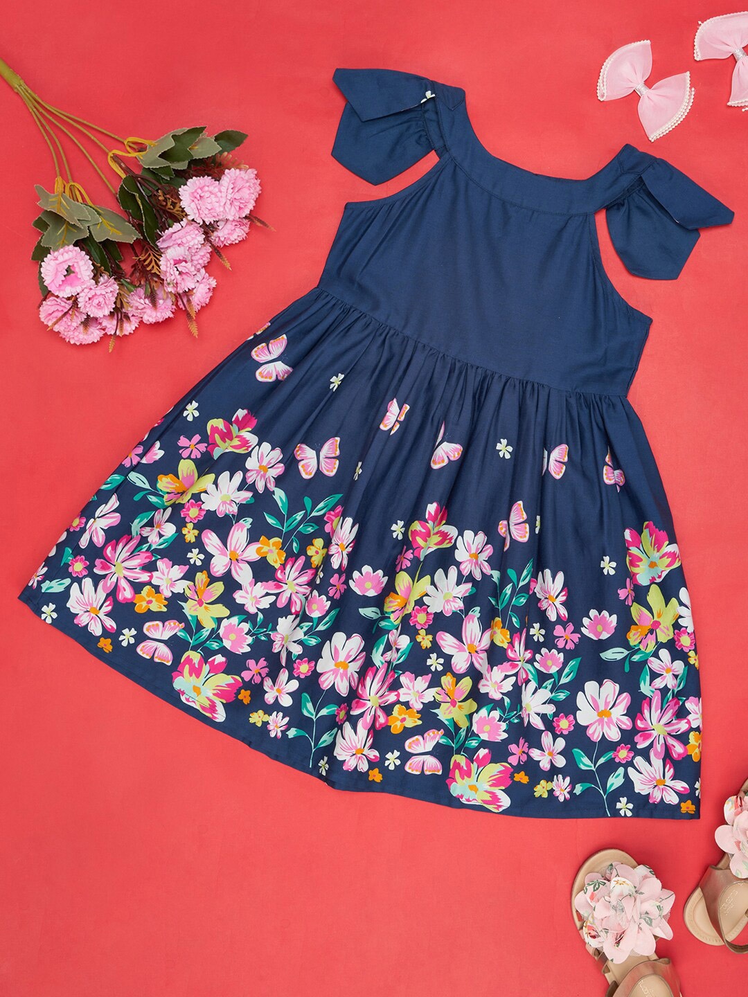 

YU by Pantaloons Girls Floral Printed Fit & Flare Dress, Navy blue
