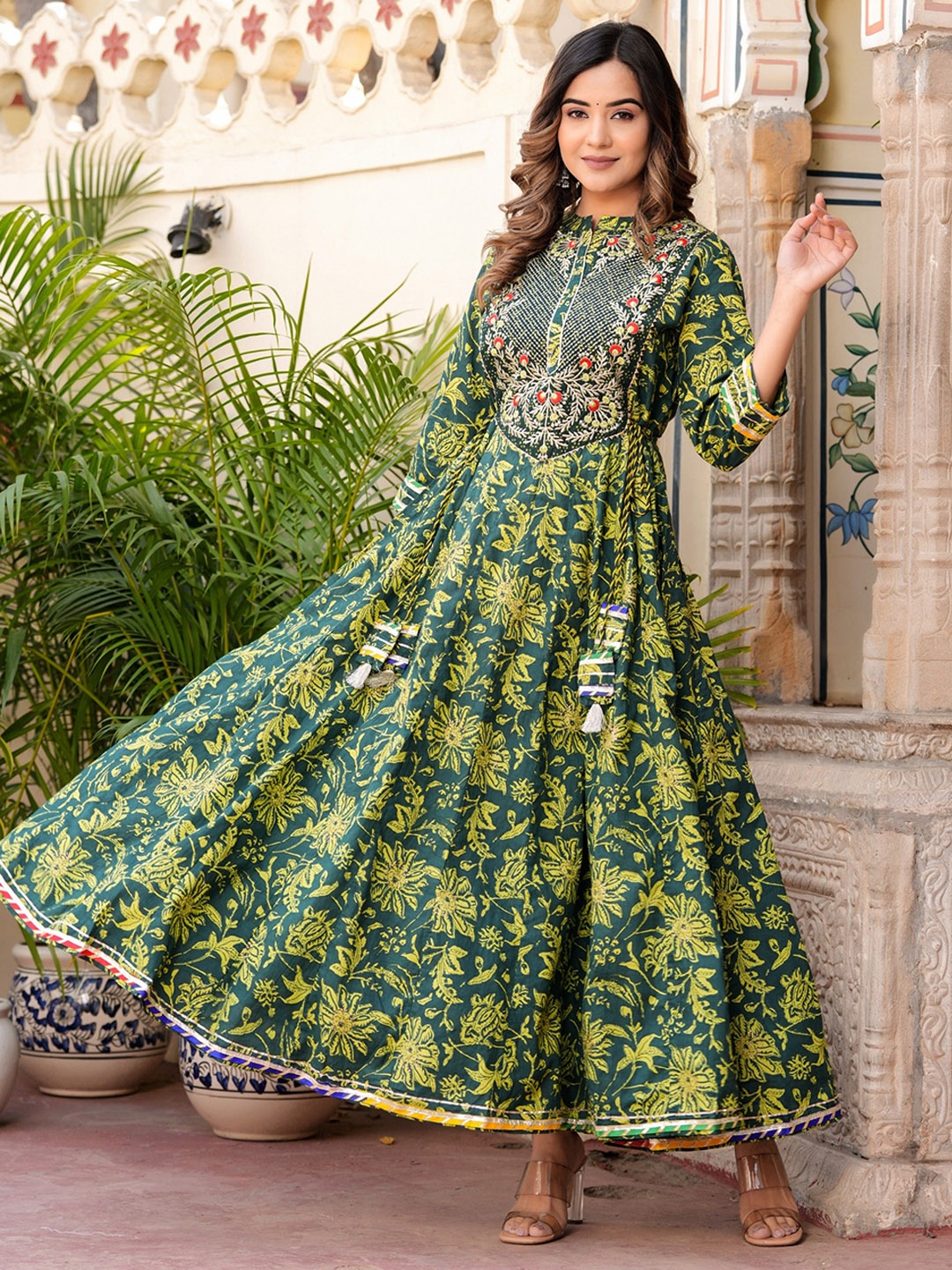 

Chandbaali Printed Pure Cotton Embroidered Maxi Ethnic Dress, Green