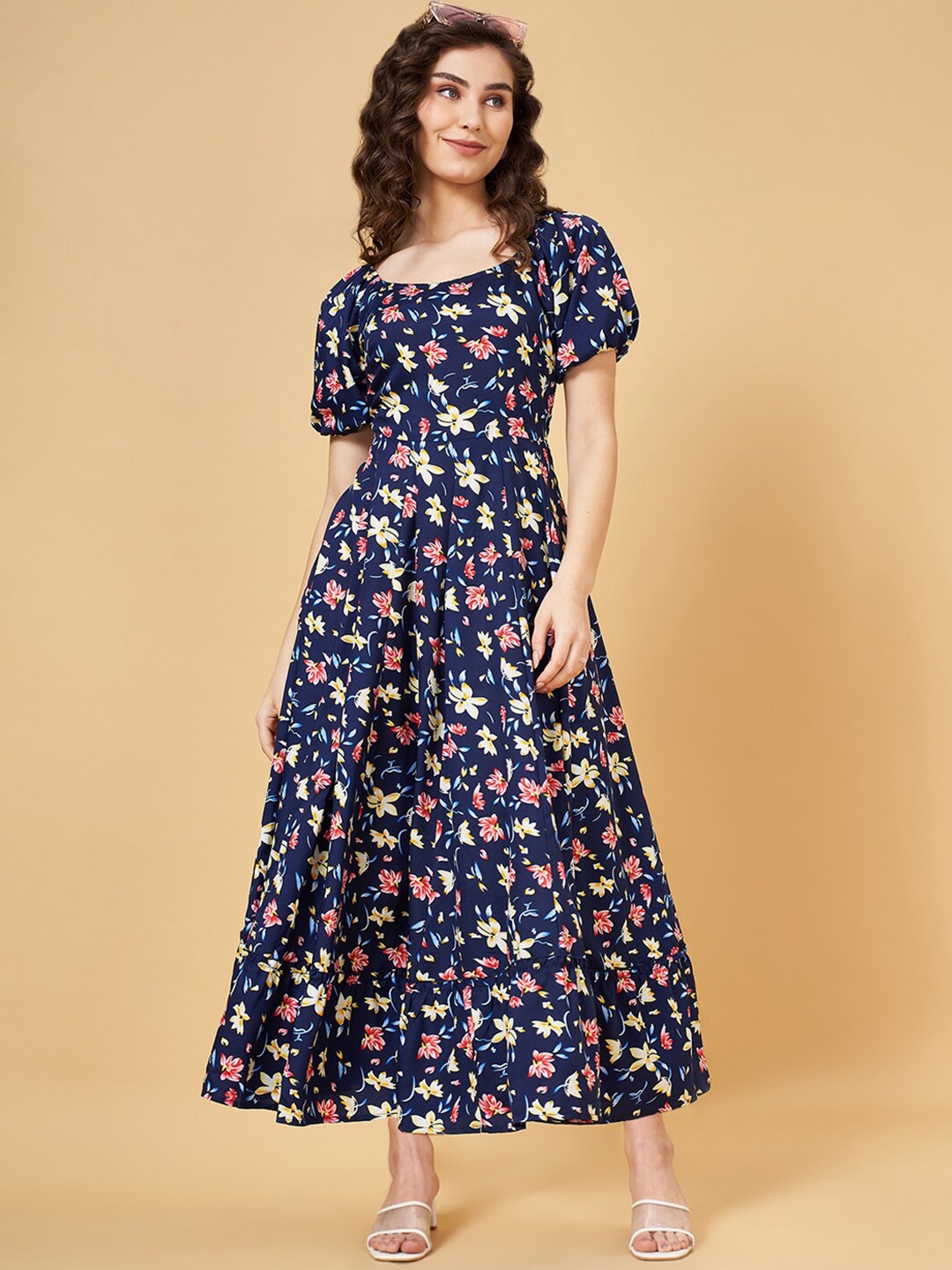 

YU by Pantaloons Floral Printed Puffed Sleeves Fit & Flare Maxi Dress, Navy blue