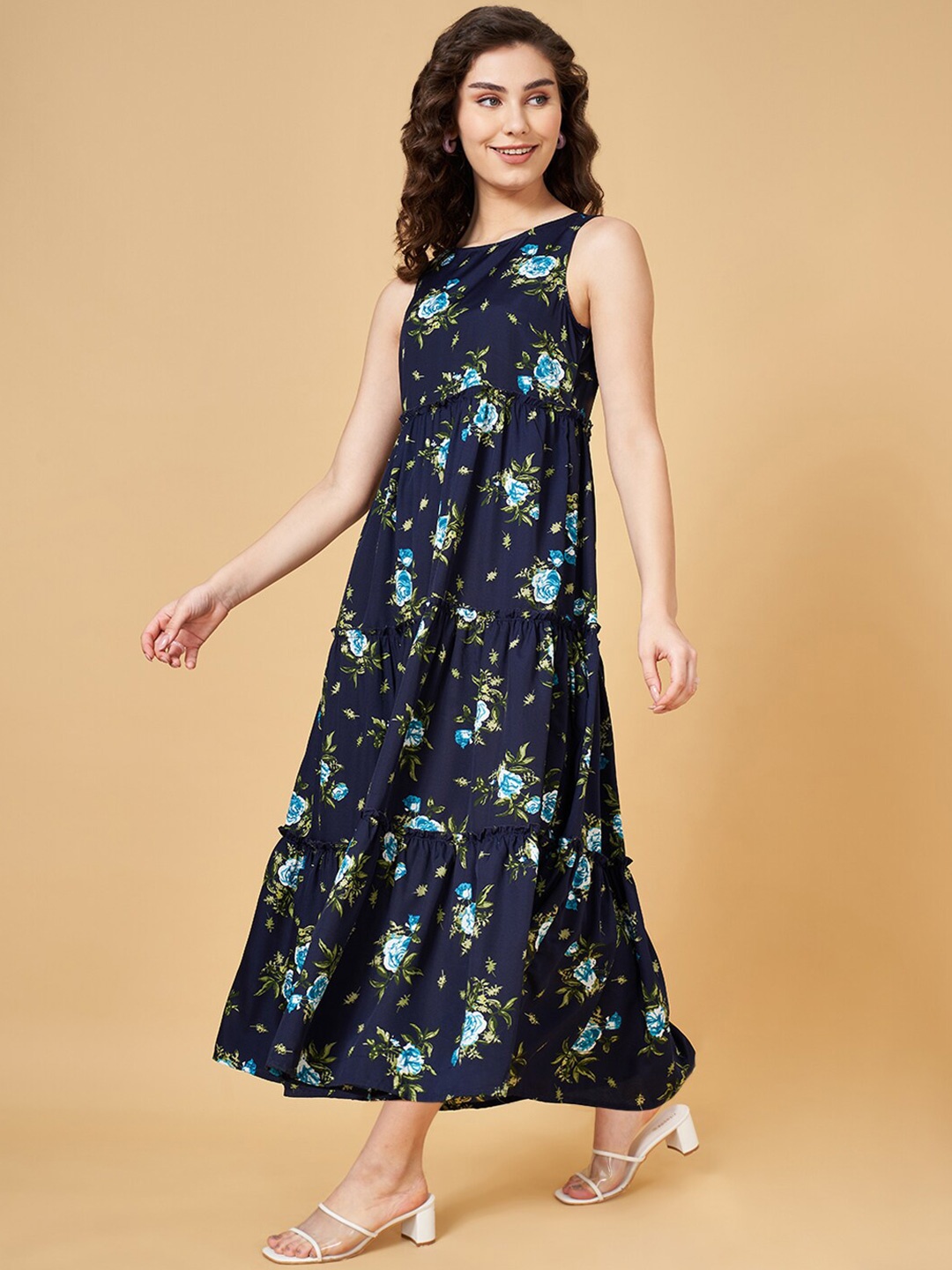 

YU by Pantaloons Floral Printed Tiered Maxi Dress, Navy blue
