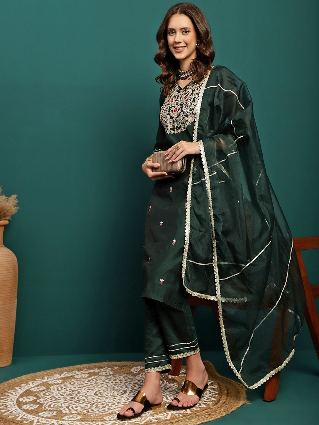 

Sangria Ethnic Motifs Embroidered SequinedChanderi Silk Kurta With Trousers & Dupatta, Green