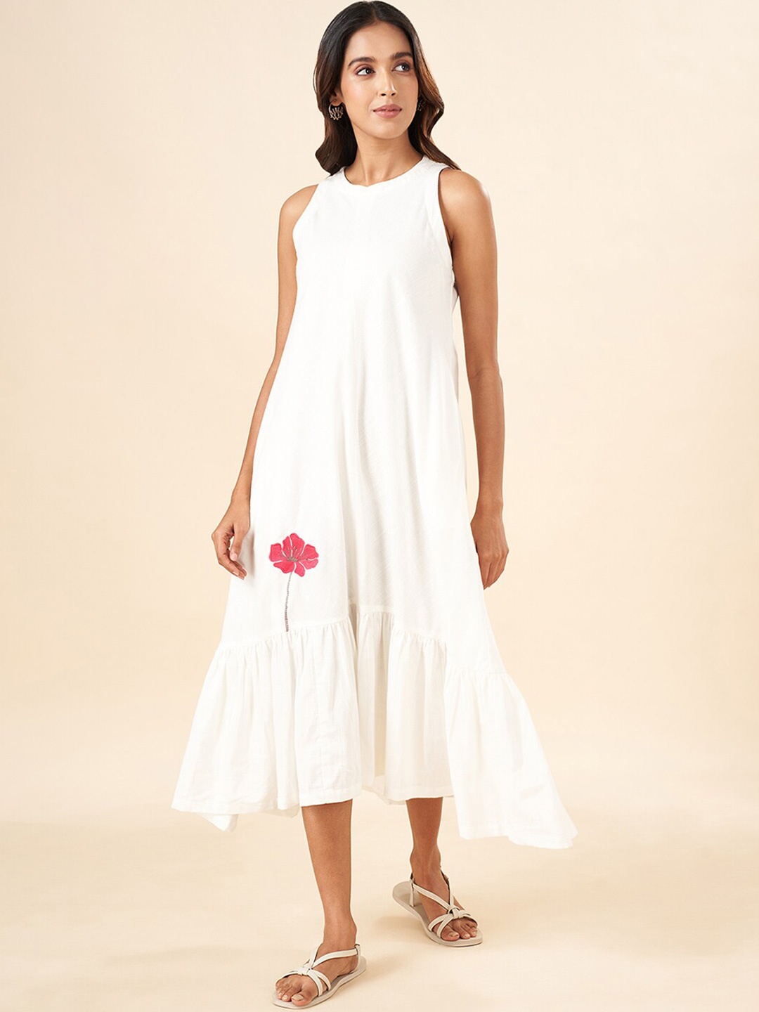 

AKKRITI BY PANTALOONS Sleeveless Pure Cotton A-Line Midi Dress, Off white