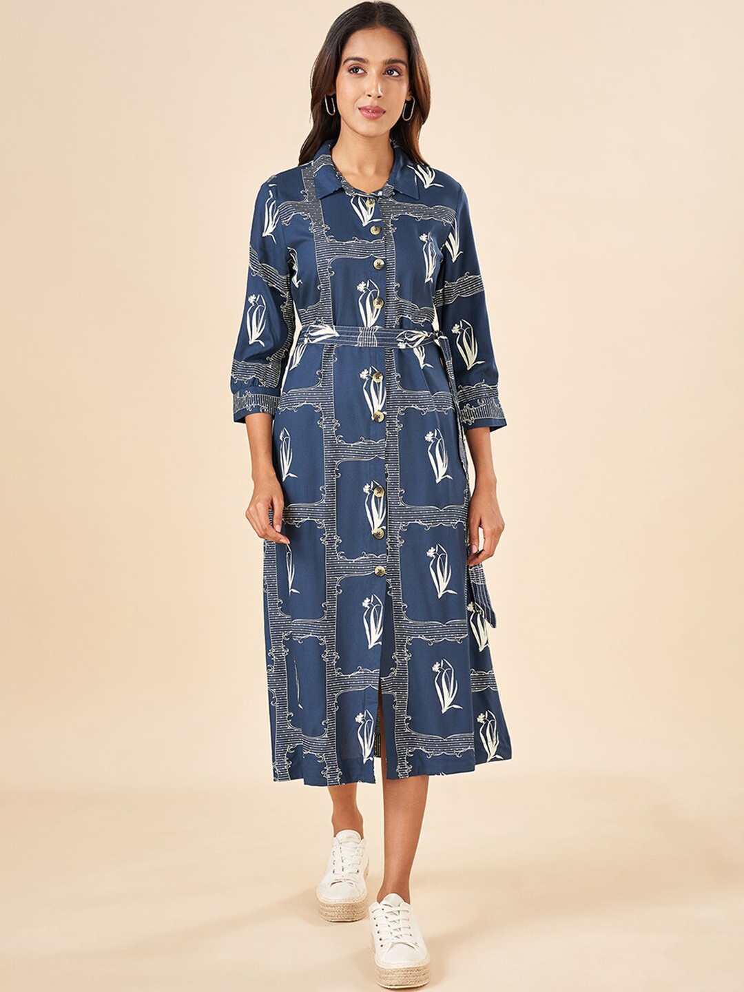 

AKKRITI BY PANTALOONS Printed A-Line Midi Dress, Navy blue