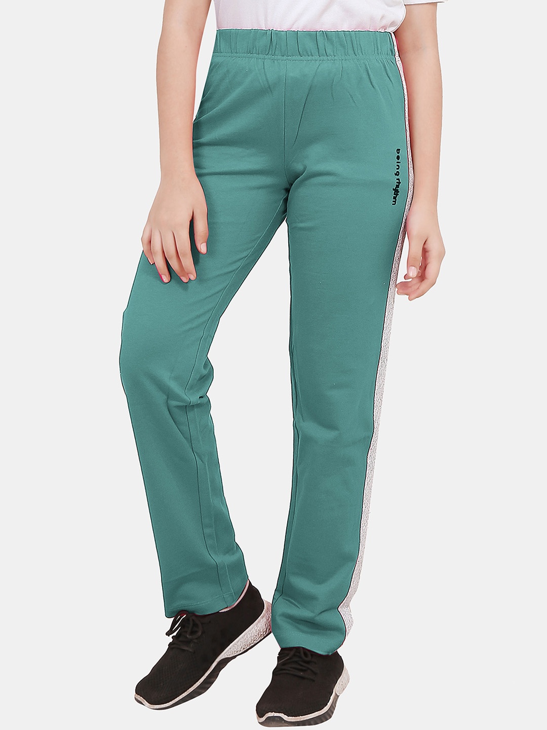 

BAESD Girls Slim Fit Mid Rise Pure Cotton Glitter Detail Track Pant, Teal