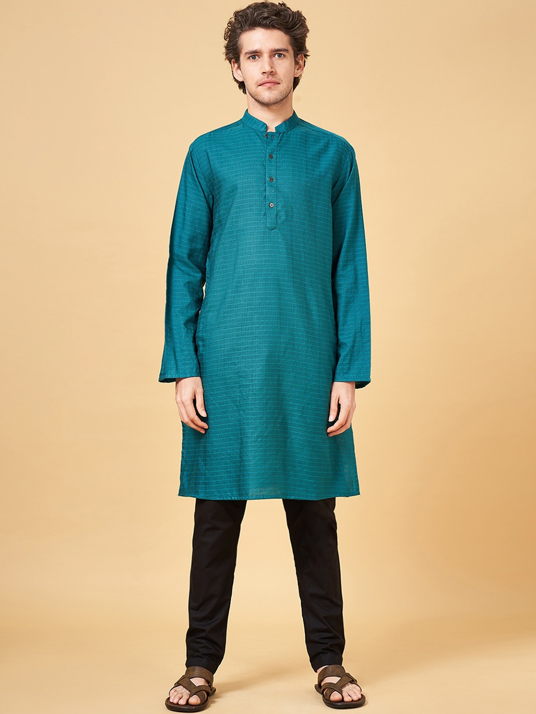 

indus route by Pantaloons Checked Pure Cotton Kurta, Teal